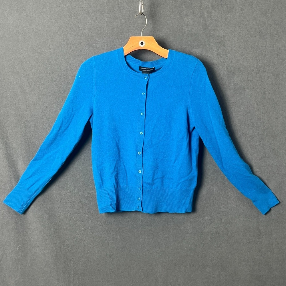 Lord & Taylor 100% Cashmere Cardigan Sweater Womens Size M Light Blue V-Neck